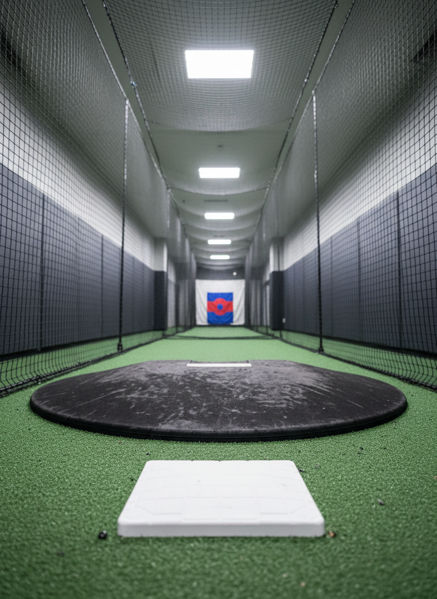 A close-up, photographic realistic view of a modern indoor baseball training lane, centered on a rugged, scuffed pitching rubber and clean white home plate aligned perfectly along a narrow strip of artificial turf. Surrounding nets rise vertically, their dark mesh texture sharply defined near the camera and gradually softening into bokeh toward the back wall. Soft, even overhead LED lighting creates minimal glare and subtle reflections on nearby protective padding, emphasizing a professional, purpose-built environment. The composition is slightly low-angle, leading the eye along the lane’s length to a softly blurred target zone, suggesting focused, technical pitching instruction. The atmosphere feels disciplined, precise, and high-performance, matching a professional baseball academy in Sendai.