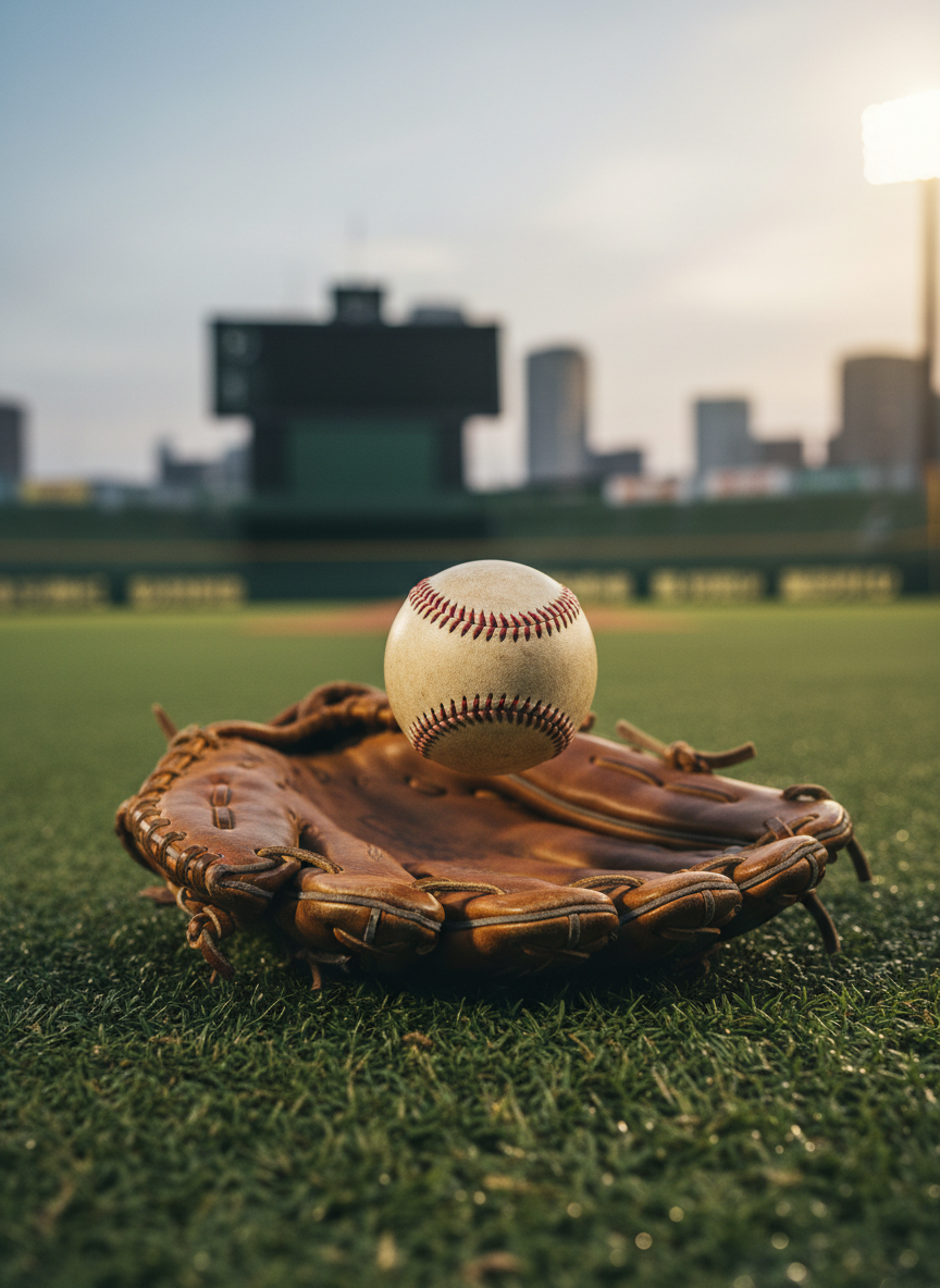 A dramatic, low-angle, photographic close-up of a baseball frozen mid-flight just above a worn leather glove lying open on a manicured outfield grass surface. Tiny blades of grass and faint specks of dirt are in crisp focus in the foreground, while the outfield fence, distant scoreboard structure without text, and softly rendered Sendai city hints dissolve into a rich, blurred background. Early evening stadium-style lighting pours in from the upper frame edge, creating bright highlights on the ball’s red stitching and a subtle rim light around the glove. The composition uses shallow depth of field to emphasize speed and focus, evoking the intensity and excitement of advanced training at a professional baseball academy.