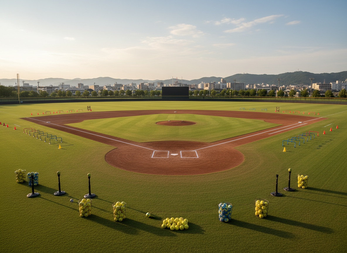 A pristine, well-maintained outdoor baseball field in Sendai, with a perfectly groomed infield, crisp white foul lines, and a smooth clay pitcher’s mound as the central focus. In place of players, neatly arranged training equipment—brightly colored cones, low hurdles, soft training balls, and batting tees—are positioned to suggest an active practice session. Beyond the outfield fence, faint silhouettes of Sendai’s low cityscape and distant green hills appear softly blurred. Late afternoon natural light bathes the scene in a warm, golden glow, casting long, clean shadows and emphasizing texture in the grass and dirt. Photographic realism, eye-level composition with moderate depth of field, professional and energetic mood, ideal as a hero image for a serious baseball academy.