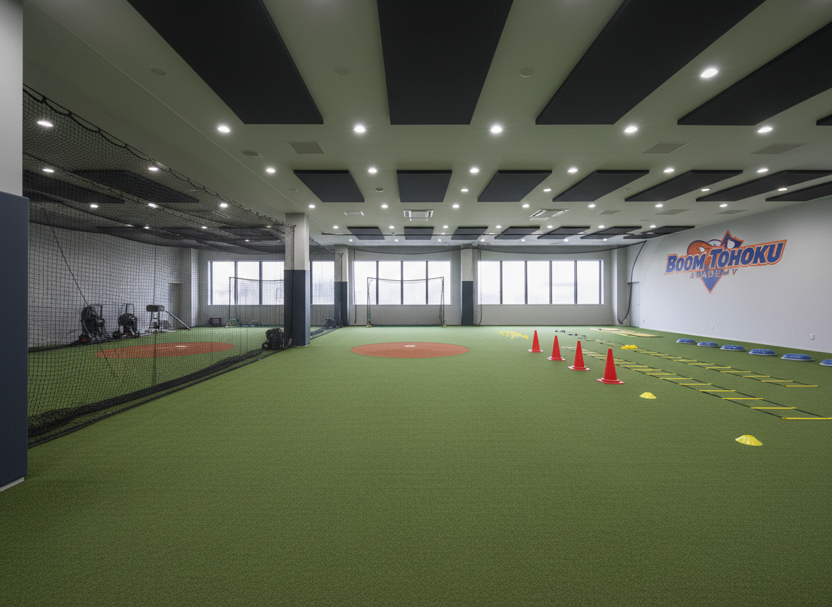 A wide, photographic interior view of a baseball and athletic training facility designed for youth development in Sendai, shown without people. Multiple practice zones are visible: a batting cage with netting neatly pulled back, a bullpen lane with a raised mound, and an open area lined with agility cones, ladders, and balance pads. Clean artificial turf in deep green contrasts with light gray walls and dark acoustic ceiling panels. Large windows along one side admit soft overcast daylight, mixing with bright, even overhead lighting to eliminate harsh shadows. The camera is set at eye level with a slightly wide lens, creating a spacious, inviting yet professional feel. The mood is optimistic and hardworking, perfect for showcasing BOOM TOHOKU academy’s comprehensive environment.