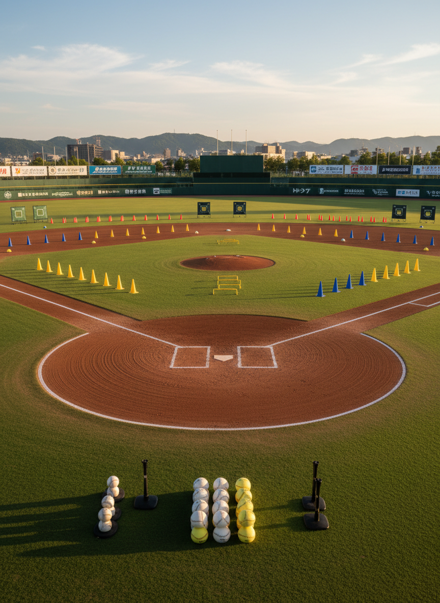 A pristine, well-maintained outdoor baseball field in Sendai, with a perfectly groomed infield, crisp white foul lines, and a smooth clay pitcher’s mound as the central focus. In place of players, neatly arranged training equipment—brightly colored cones, low hurdles, soft training balls, and batting tees—are positioned to suggest an active practice session. Beyond the outfield fence, faint silhouettes of Sendai’s low cityscape and distant green hills appear softly blurred. Late afternoon natural light bathes the scene in a warm, golden glow, casting long, clean shadows and emphasizing texture in the grass and dirt. Photographic realism, eye-level composition with moderate depth of field, professional and energetic mood, ideal as a hero image for a serious baseball academy.
