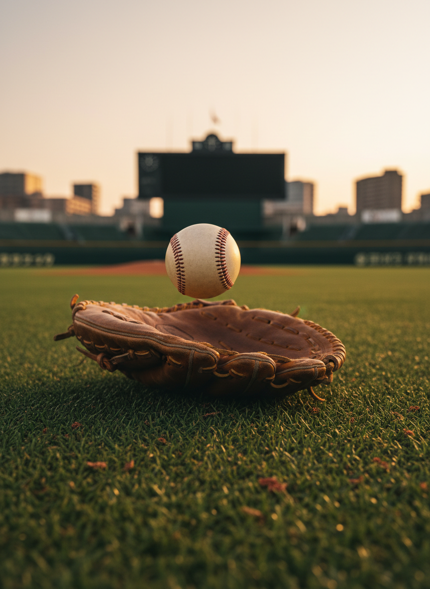 A dramatic, low-angle, photographic close-up of a baseball frozen mid-flight just above a worn leather glove lying open on a manicured outfield grass surface. Tiny blades of grass and faint specks of dirt are in crisp focus in the foreground, while the outfield fence, distant scoreboard structure without text, and softly rendered Sendai city hints dissolve into a rich, blurred background. Early evening stadium-style lighting pours in from the upper frame edge, creating bright highlights on the ball’s red stitching and a subtle rim light around the glove. The composition uses shallow depth of field to emphasize speed and focus, evoking the intensity and excitement of advanced training at a professional baseball academy.