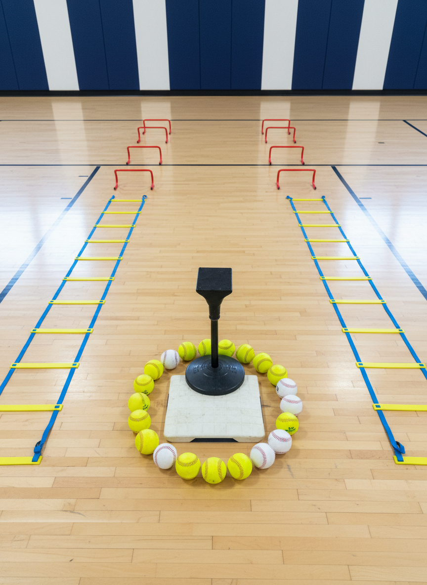 An overhead, photographic view of a carefully arranged baseball skills training station inside a bright gym space: a batting tee centered on a worn yet clean home plate, surrounded by a ring of soft practice balls in alternating colors, lightweight agility ladders laid out in crisp straight lines, and compact hurdles positioned at calculated intervals. The polished wooden floor reflects soft, diffused light from large, unseen windows, creating a clean, airy feel. Wall padding in deep navy and white adds a professional academy atmosphere without logos or text. Sharp focus throughout highlights each tool’s texture and placement, conveying structure and progress. The mood is organized, motivating, and ideal for illustrating BOOM TOHOKU’s comprehensive baseball and movement training.