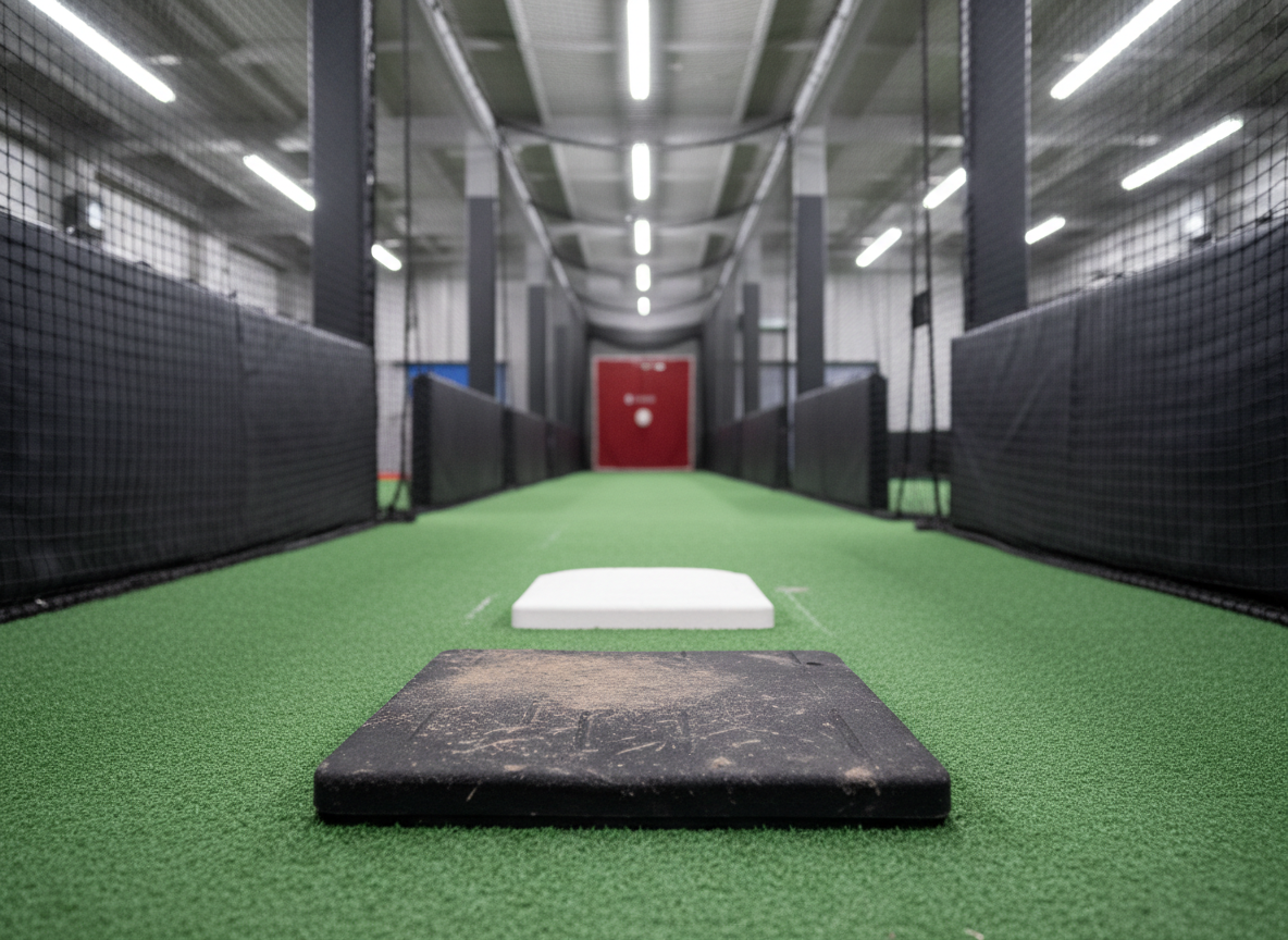 A close-up, photographic realistic view of a modern indoor baseball training lane, centered on a rugged, scuffed pitching rubber and clean white home plate aligned perfectly along a narrow strip of artificial turf. Surrounding nets rise vertically, their dark mesh texture sharply defined near the camera and gradually softening into bokeh toward the back wall. Soft, even overhead LED lighting creates minimal glare and subtle reflections on nearby protective padding, emphasizing a professional, purpose-built environment. The composition is slightly low-angle, leading the eye along the lane’s length to a softly blurred target zone, suggesting focused, technical pitching instruction. The atmosphere feels disciplined, precise, and high-performance, matching a professional baseball academy in Sendai.