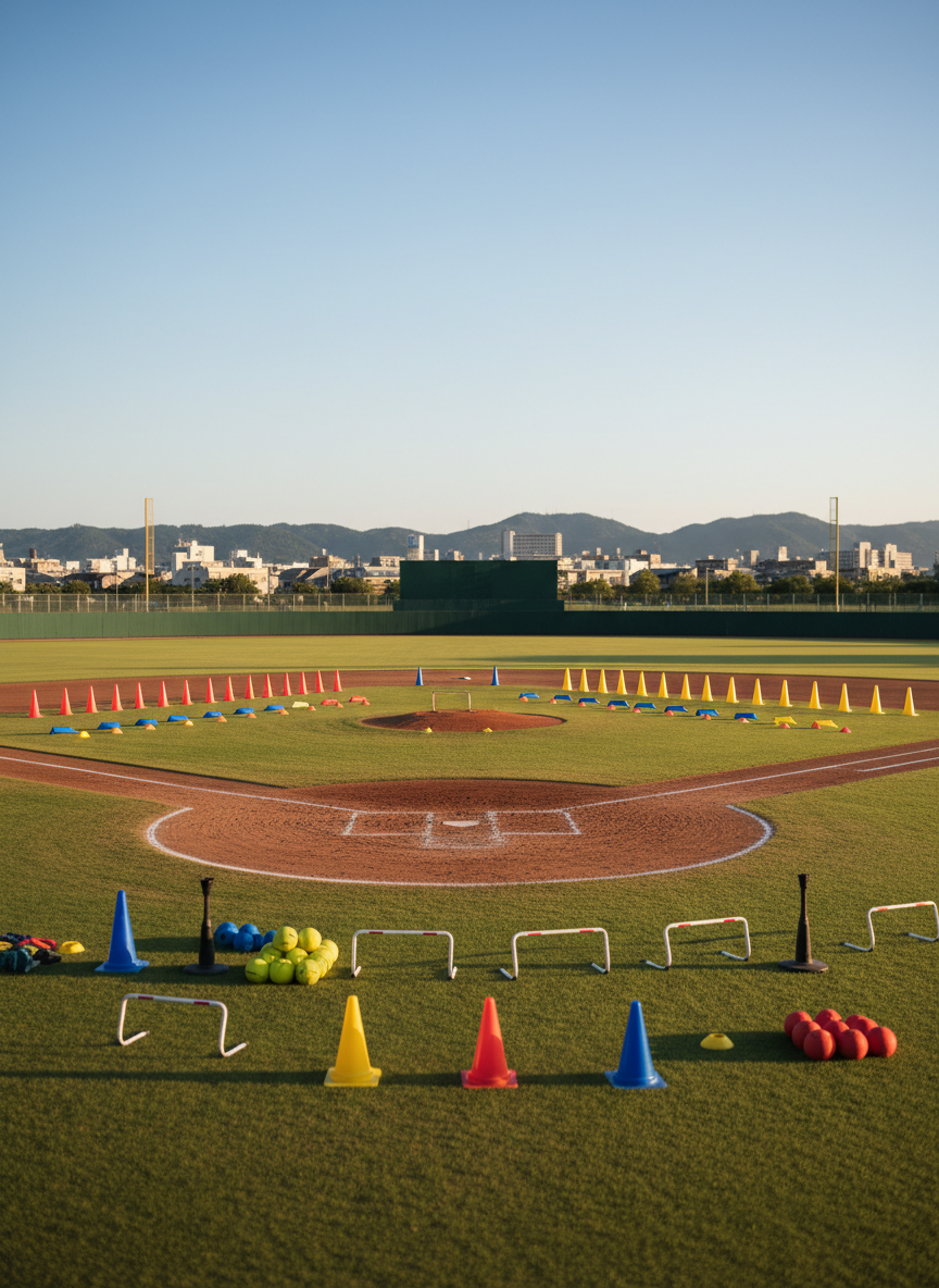 A pristine, well-maintained outdoor baseball field in Sendai, with a perfectly groomed infield, crisp white foul lines, and a smooth clay pitcher’s mound as the central focus. In place of players, neatly arranged training equipment—brightly colored cones, low hurdles, soft training balls, and batting tees—are positioned to suggest an active practice session. Beyond the outfield fence, faint silhouettes of Sendai’s low cityscape and distant green hills appear softly blurred. Late afternoon natural light bathes the scene in a warm, golden glow, casting long, clean shadows and emphasizing texture in the grass and dirt. Photographic realism, eye-level composition with moderate depth of field, professional and energetic mood, ideal as a hero image for a serious baseball academy.