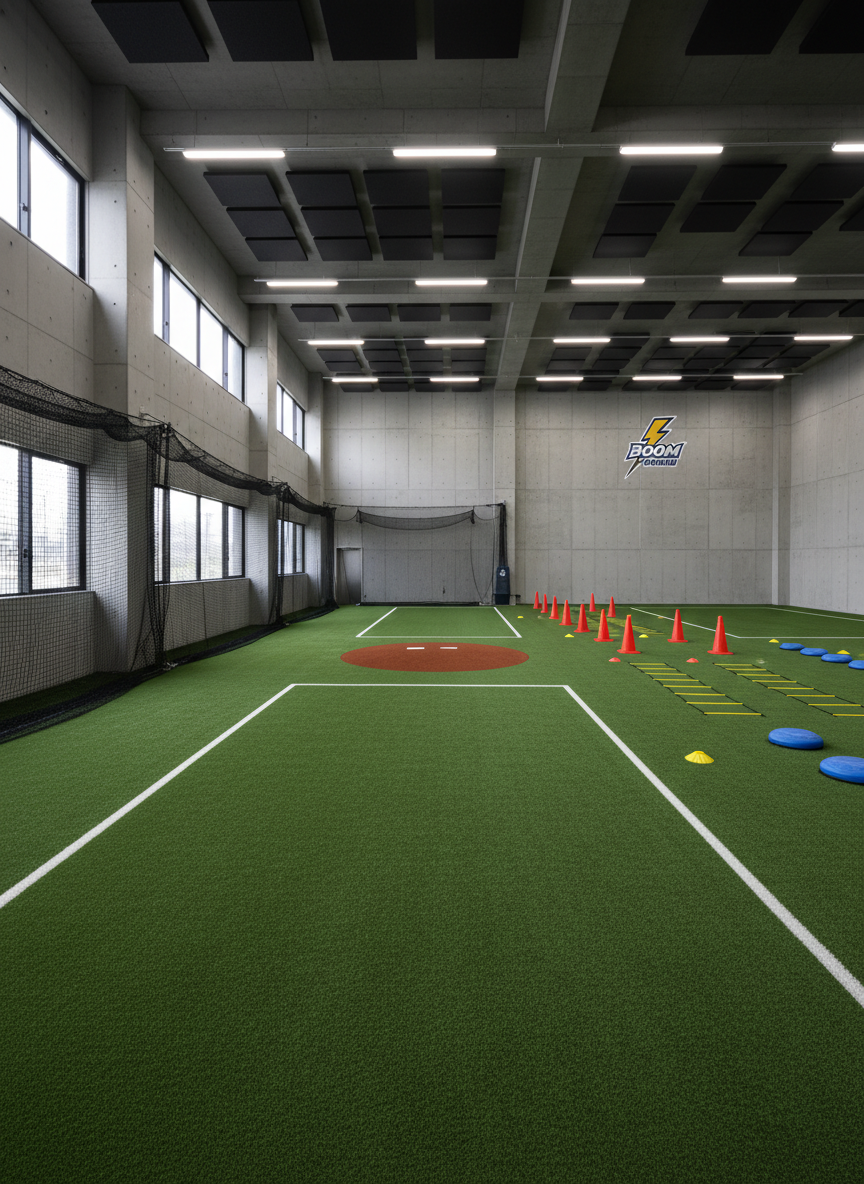 A wide, photographic interior view of a baseball and athletic training facility designed for youth development in Sendai, shown without people. Multiple practice zones are visible: a batting cage with netting neatly pulled back, a bullpen lane with a raised mound, and an open area lined with agility cones, ladders, and balance pads. Clean artificial turf in deep green contrasts with light gray walls and dark acoustic ceiling panels. Large windows along one side admit soft overcast daylight, mixing with bright, even overhead lighting to eliminate harsh shadows. The camera is set at eye level with a slightly wide lens, creating a spacious, inviting yet professional feel. The mood is optimistic and hardworking, perfect for showcasing BOOM TOHOKU academy’s comprehensive environment.
