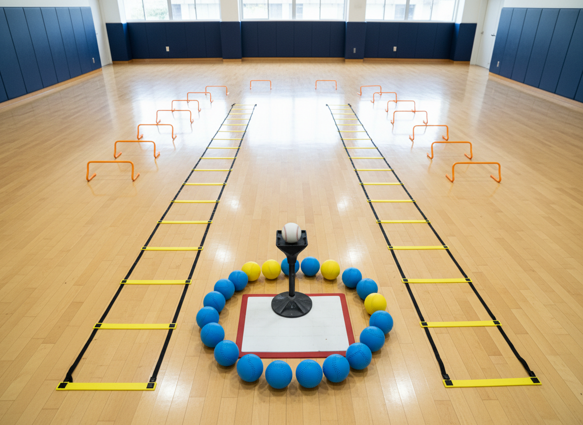 An overhead, photographic view of a carefully arranged baseball skills training station inside a bright gym space: a batting tee centered on a worn yet clean home plate, surrounded by a ring of soft practice balls in alternating colors, lightweight agility ladders laid out in crisp straight lines, and compact hurdles positioned at calculated intervals. The polished wooden floor reflects soft, diffused light from large, unseen windows, creating a clean, airy feel. Wall padding in deep navy and white adds a professional academy atmosphere without logos or text. Sharp focus throughout highlights each tool’s texture and placement, conveying structure and progress. The mood is organized, motivating, and ideal for illustrating BOOM TOHOKU’s comprehensive baseball and movement training.